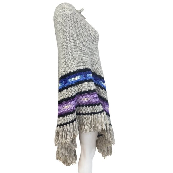 Handmade Crochet Poncho Womens One Size Gray Multicolor Striped Fringe Detail - Picture 3 of 9